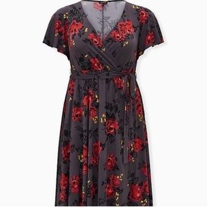 Torrid Rose Grey Floral Studio Knit Wrap Midi Dress